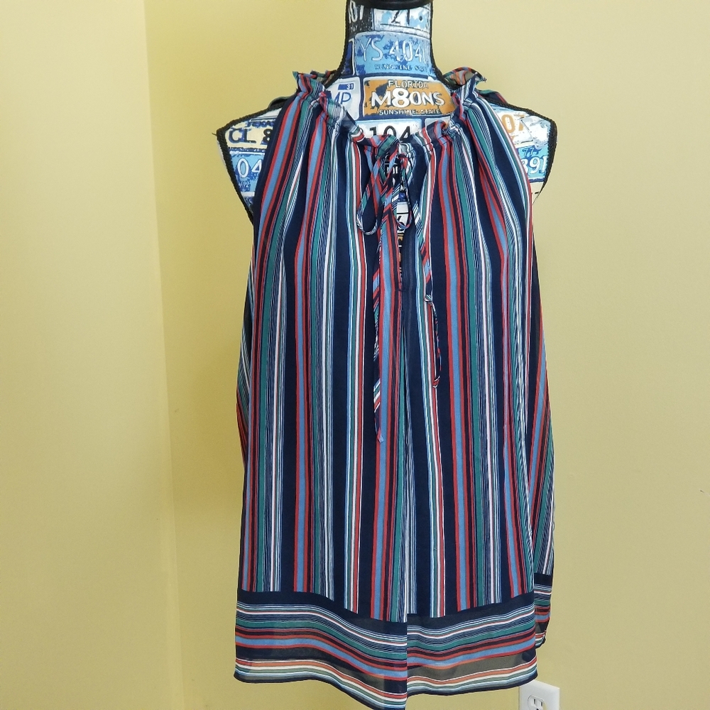 Max Studio Navy and Red Striped Blouse